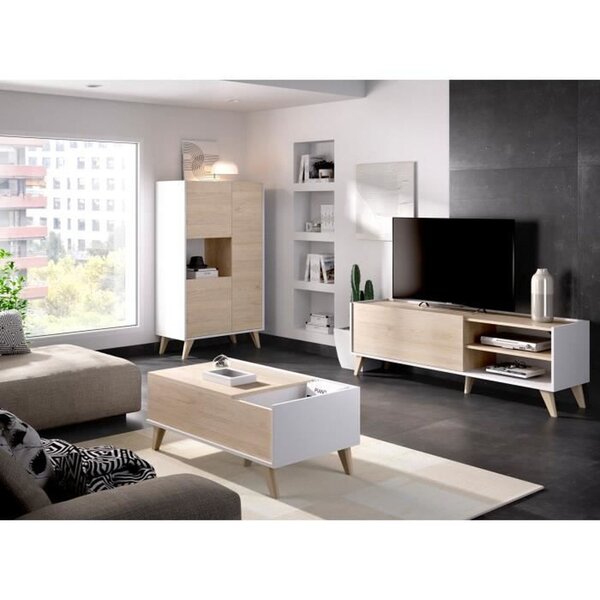 Ensemble meuble TV table basse buffet - Mélaminé - Style scandinave - chêne et blanc