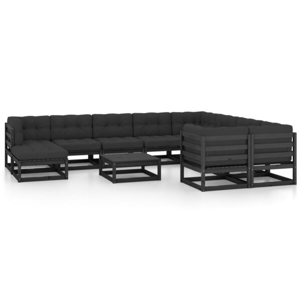 Salon de jardin meuble d'extérieur ensemble de mobilier 11 pièces avec coussins noir bois de pin massif 02_0015387