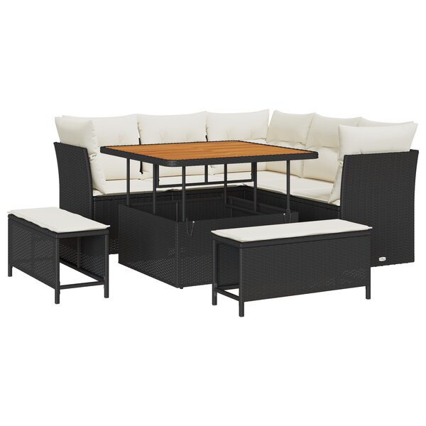 Ensemble de canapé de jardin 8 pièces avec coussins noir poly rotin acacia