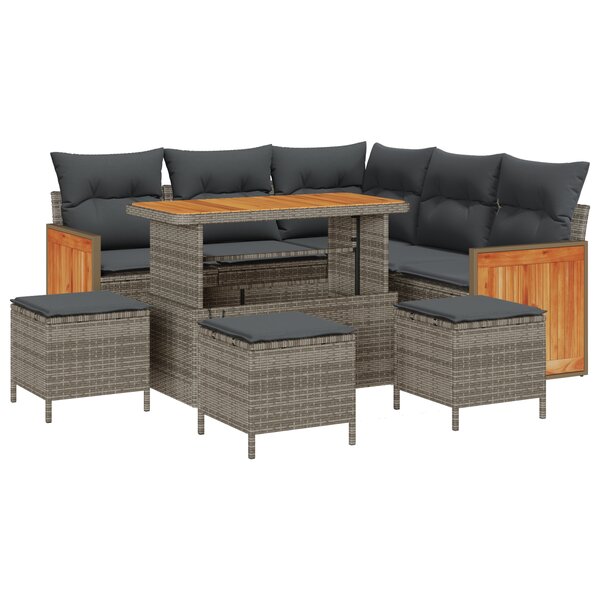 Ensemble de canapé de jardin 9 pièces avec coussins gris en rotin synthétique acacia