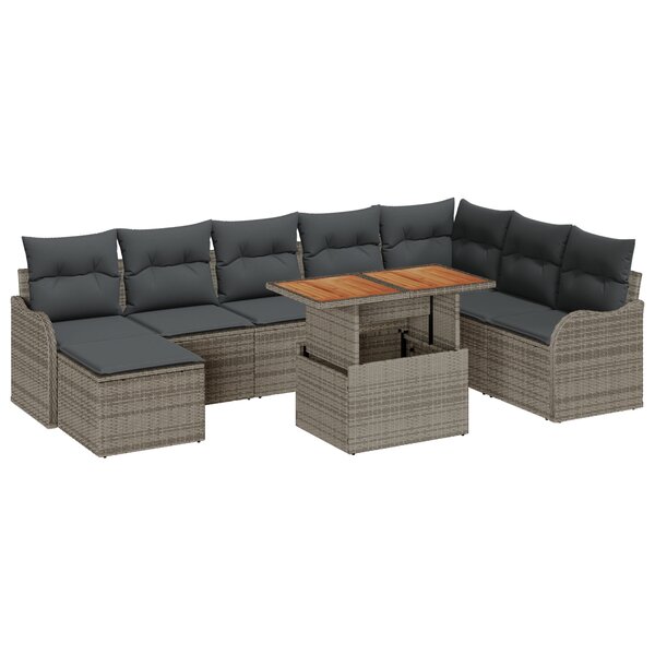 Ensemble de Canapés de Jardin 9 Pièces avec Coussins en Rotin Poly Gris Acacia