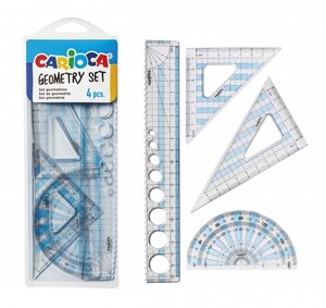 Carioca Lot de 4 Outils Géométriques - 1 Règle 20 cm - 2 Équerres - 1 Goniomètre 180° - Outil Multifonction - Récipient Pliable Pratique - Couleurs Diverses