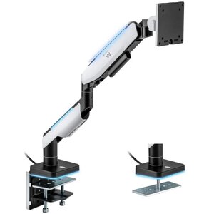Support de table pour écran/TV RGB Ewent - Pivotant et inclinable - Éclairage RGB - Acier et aluminium - Compatible VESA - Charge maximale 20 kg - Bras articulé - Système de gestion des câbles - Blanc