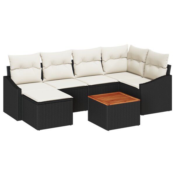 vidaXL Ensemble de canapé de jardin 7 pièces avec coussins Noir Poly Rattan Acacia
