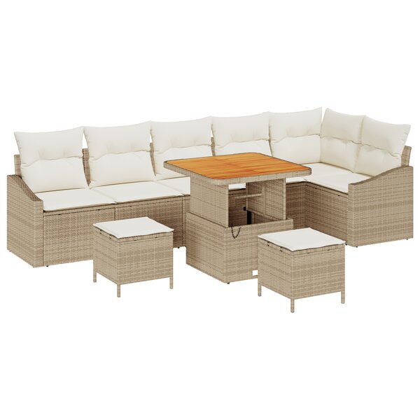 Ensemble de Canapé de Jardin 9 Pièces Beige Poly Rattan Acacia