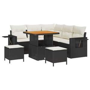 Ensemble de canapé de jardin de 8 pièces avec coussins noir poly rotin acacia