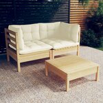 vidaXL Salon de jardin 3 Pièces avec coussins crème bois de pin