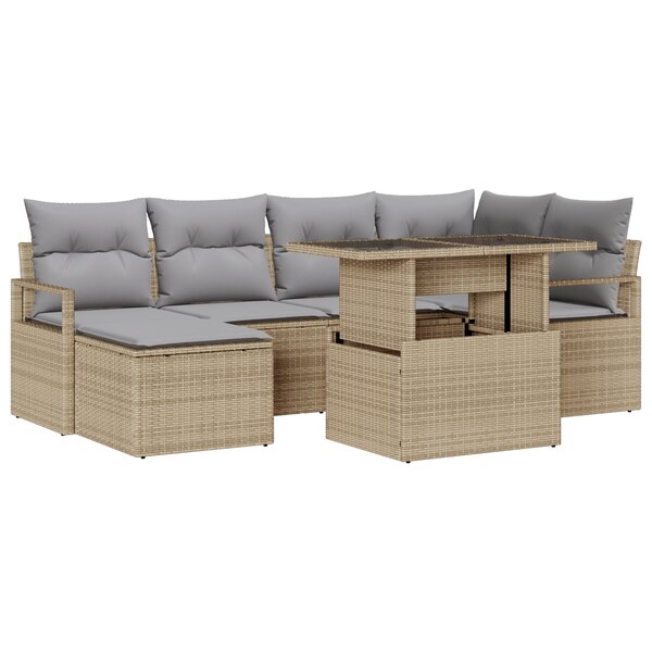 Ensemble de Canapé de Jardin 7 pièces avec Coussins Beige Rattan Poly