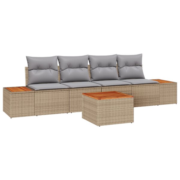 Ensemble de Canapé de Jardin 5 Pièces avec Coussins Beige Poly Rotin Acacia