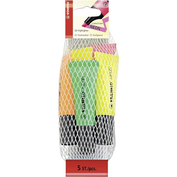Filet de 5 Surligneurs NEON Tendance Pointe Biseautée 2- 5 mm x 10 STABILO