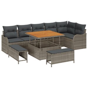 vidaXL Set de canapé de jardin de 9 pièces avec coussins en poly rotin gris et acacia