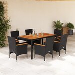vidaXL Ensemble à manger de jardin et coussins 7Pièces noir rotin acacia