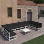 vidaXL Salon de jardin 11 Pièces avec coussins Blanc Bois de pin massif
