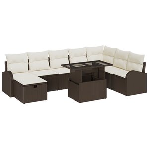 vidaXL Ensemble de canapé de jardin de 9 pièces avec coussins Marron Poly Rotin
