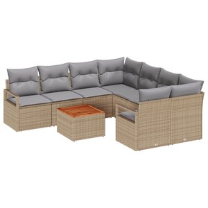 Ensemble de canapé de jardin 9 pièces avec coussins beige en rotin synthétique acacia