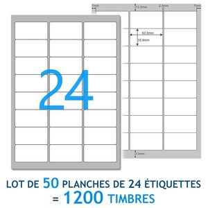 Lot de 50 Planches A4 de 24 étiquettes  spéciales TIMBRE - 6,35 x 3,39 cm = 1200 étiquettes