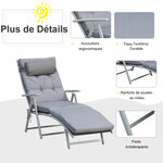 Bain de soleil pliable transat inclinable 7 positions chaise longue grand confort avec matelas + accoudoirs métal époxy textilène polyester gris