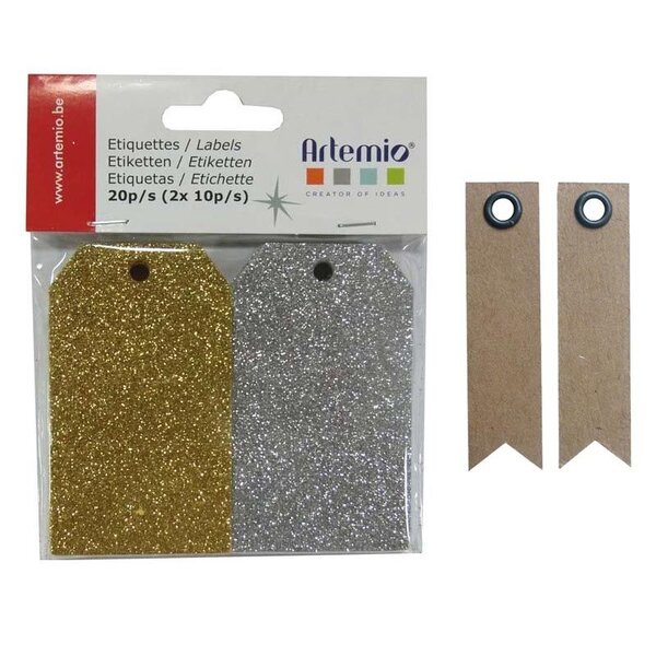 20 étiquettes à paillettes or & argent + 20 étiquettes kraft Fanion