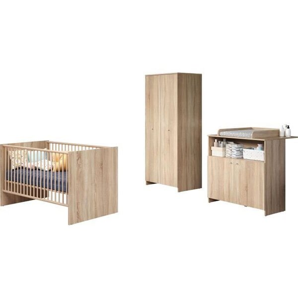 Lit 70 x 140 cm + commode à langer 2 portes + armoire 2 portes - Décor chêne naturel