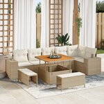 Ensemble de 9 pièces canapé jardin beige poly rotin acacia