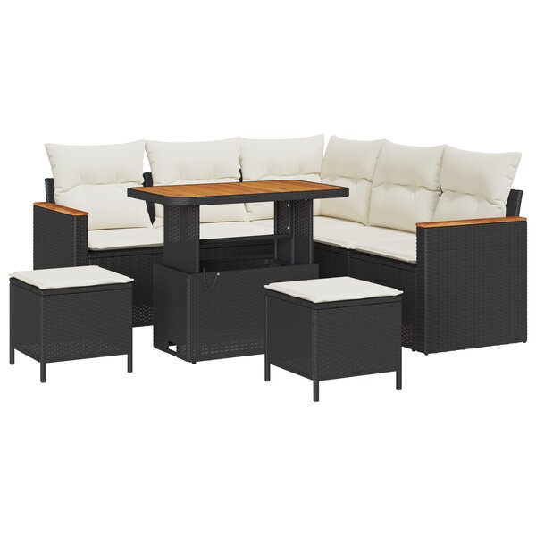 Ensemble de canapé de jardin 8 pièces avec coussins noir rotin PE acacia