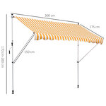 Store banne manuel rétractable 3L x 1 5l m inclinaison et hauteur réglable installation rapide métal alu polyester anti-UV jaune blanc rayé