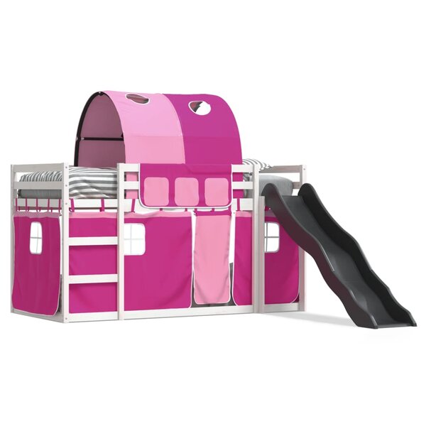 vidaXL Lit superposé avec toboggan et rideaux rose 90x200 cm