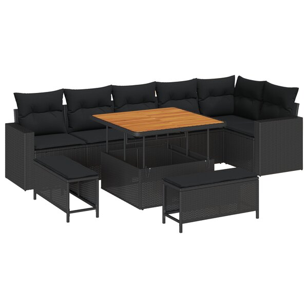 Ensemble de Canapés de Jardin de 9 Pièces avec Coussins Noir Poly Rattan Acacia