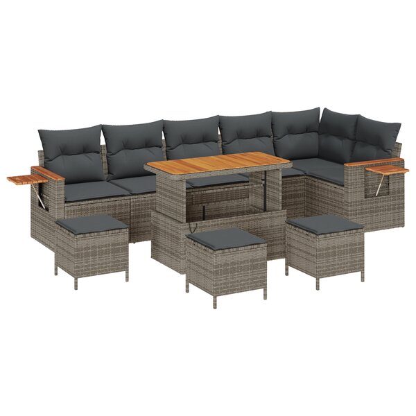 Ensemble de Canapé de Jardin de 10 Pièces avec Coussins Gris Poly Rattan Acacia