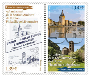 Timbre Andorre - Diptyque - 50è aniverari de la Section Andorre de l'Union Philatélique Libournaise