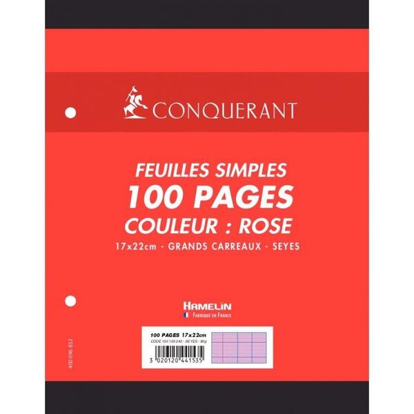 Sachet 50 feuilles perforées seyès 80 g rose format 17 x 22 cm CONQUERANT