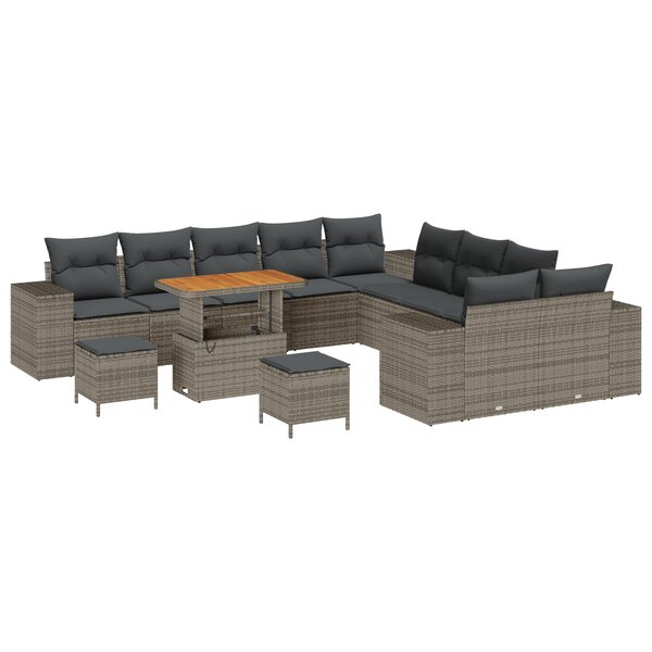 Ensemble de canapé de jardin 13 pièces avec coussins gris en rotin synthétique acacia