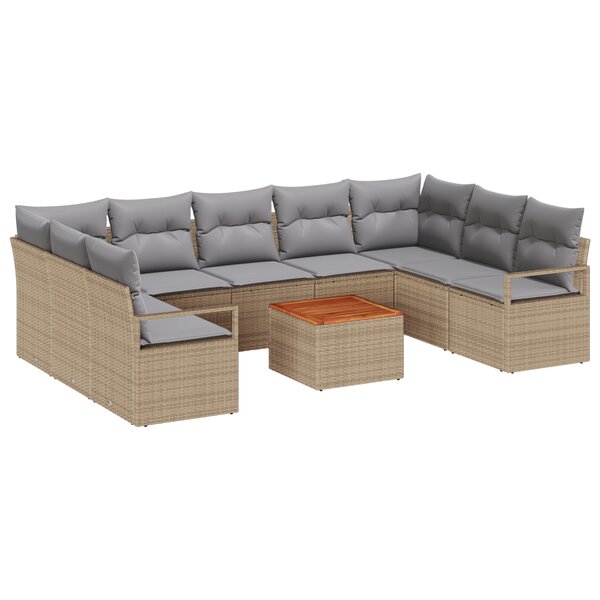 Ensemble de Canapés de Jardin de 10 Pièces avec Coussins Beige Rattan Poly Acacia