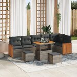 Ensemble de 9 pièces de canapés de jardin avec coussins gris en poly rattan et acacia