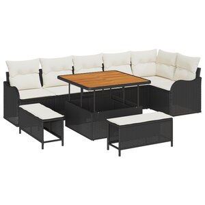 Ensemble de canapé de jardin 9 pièces avec coussins en poly rotin noir acacia
