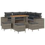 Ensemble de canapé de jardin 9 pièces avec coussins gris poly rattan acacia