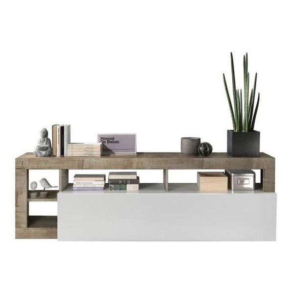 Meuble TV 1 porte - Finition Blanc Laqué et Effet Bois Vintage - 184 x 42 x Hauteur 56 cm