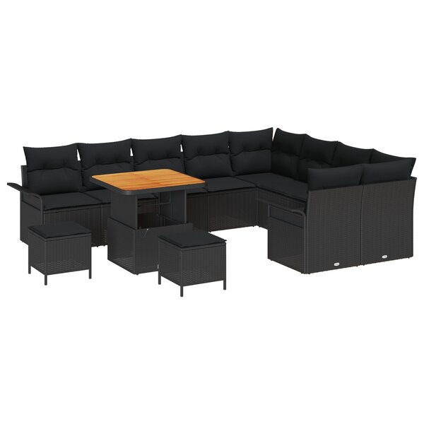 Ensemble de canapés de jardin 12 pièces avec coussins Noir Poly Rattan Acacia