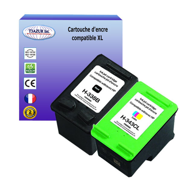 1+1 Cartouches compatibles avec HP PhotoSmart 8450v 8450xi 8453 8543 8750 8750g 8750gp 8753 8758 C3100 C3125 remplace HP 338, HP343- T3AZUR