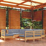 vidaXL Salon de jardin 9 Pièces avec coussins gris bois de pin massif
