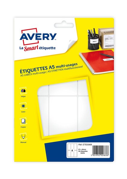 Sachet de 96 étiquettes multi-usage blanches 97 x 46 mm planche a5 avery