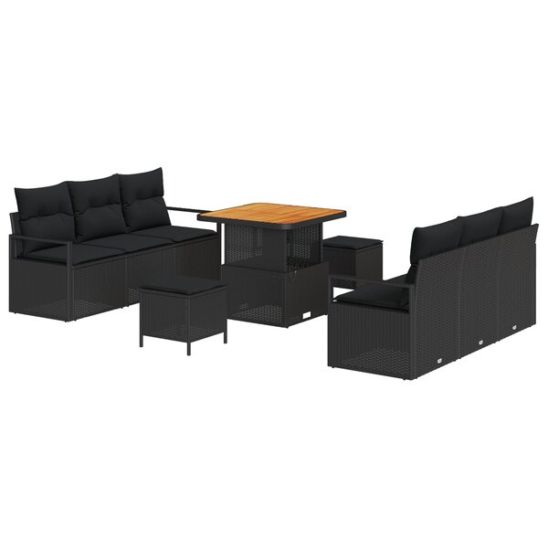 Ensemble de Canapés de Jardin de 9 Pièces avec Coussins Noir Rattan Acacia