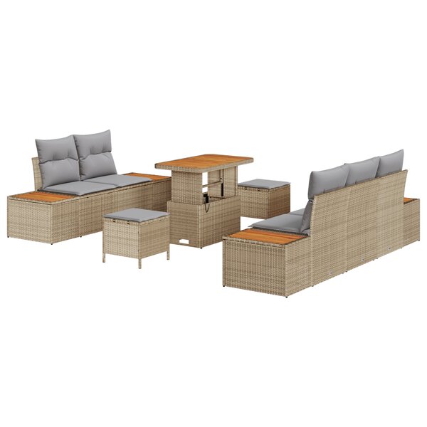 Ensemble de canapé de jardin 8 pièces avec coussins beige en rotin synthétique et acacia