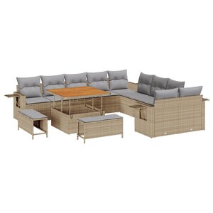 Ensemble de Canapé de Jardin vidaXL 13 pièces avec coussins Beige Poly Rattan Acacia