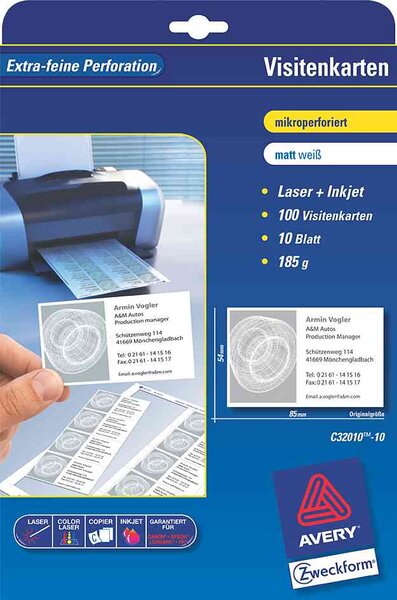 Cartes de visite  85x54 mm  blanc 100 pièces avery zweckform
