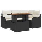 Canapé de jardin 5 pièces avec coussins noir en poly rotin et acacia