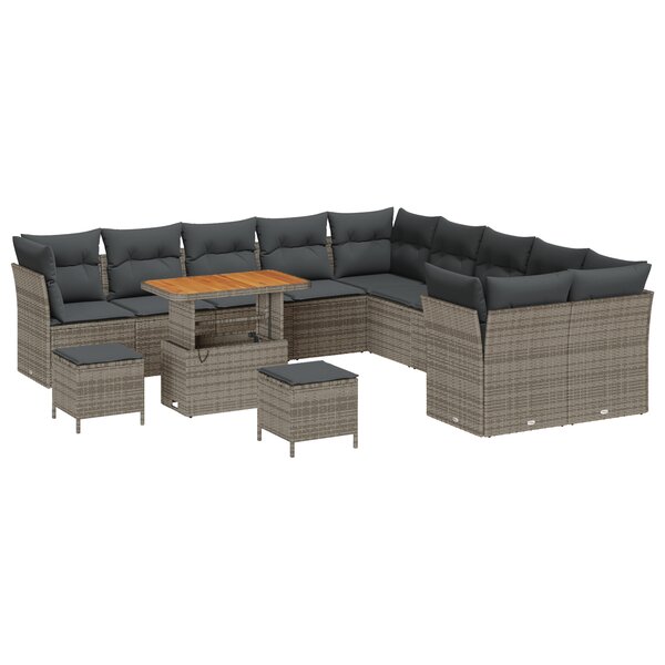 Set de Canapés de Jardin 13 Pièces avec Coussins Gris Rattan Poly Acacia