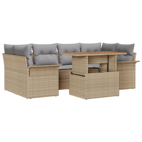 Ensemble de Canapé de Jardin de 7 Pièces avec Coussins Beige en Rattan Poly