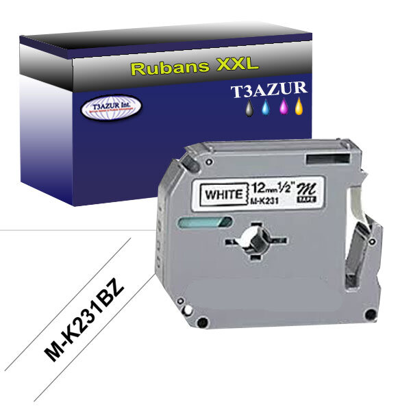 Ruban d'étiquettes laminées générique Brother MK-231BZ pour étiqueteuses P-touch - Texte noir sur fond blanc - Largeur 12 mm x 4 mètres - T3AZUR