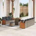 Canapé de Jardin de 10 pièces avec Coussins Gris en Rattan Poly d'Acacia